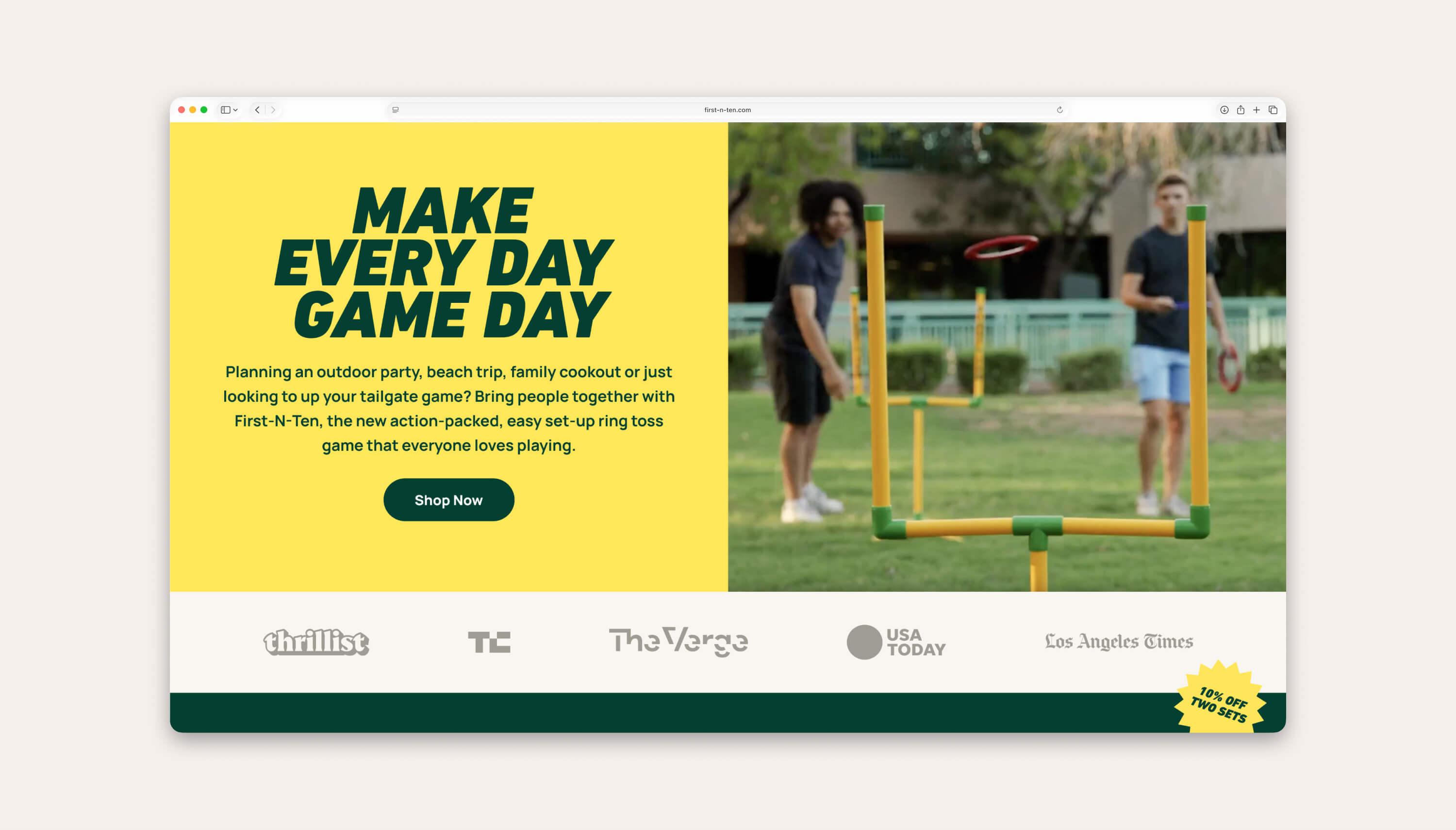 First-N-Ten hero section showing headline alongside video still, with example press logos below.