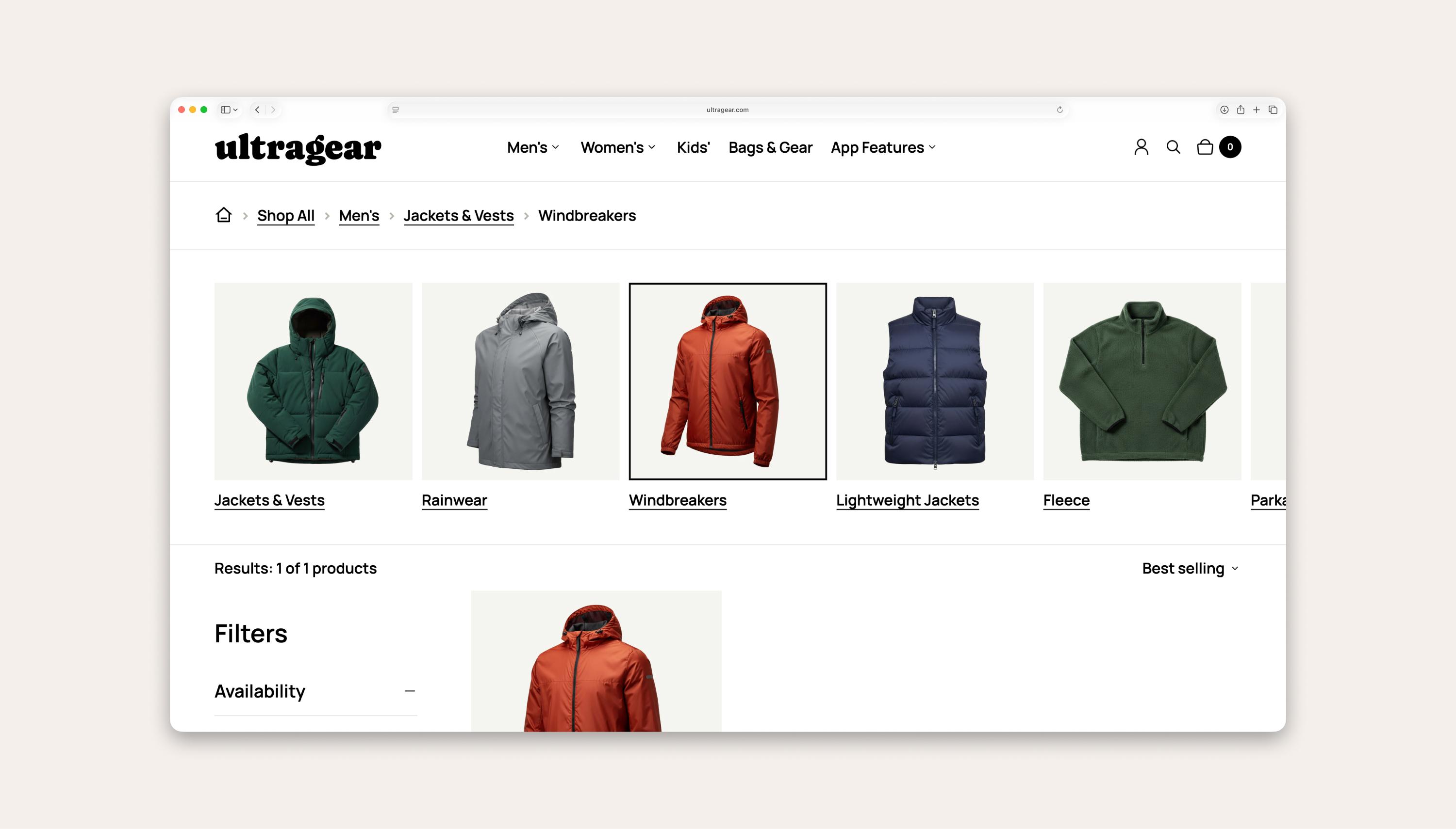 Activewear store demo using subcategories and breadcrumbs using the Ultra Categories & Breadcrumbs app.