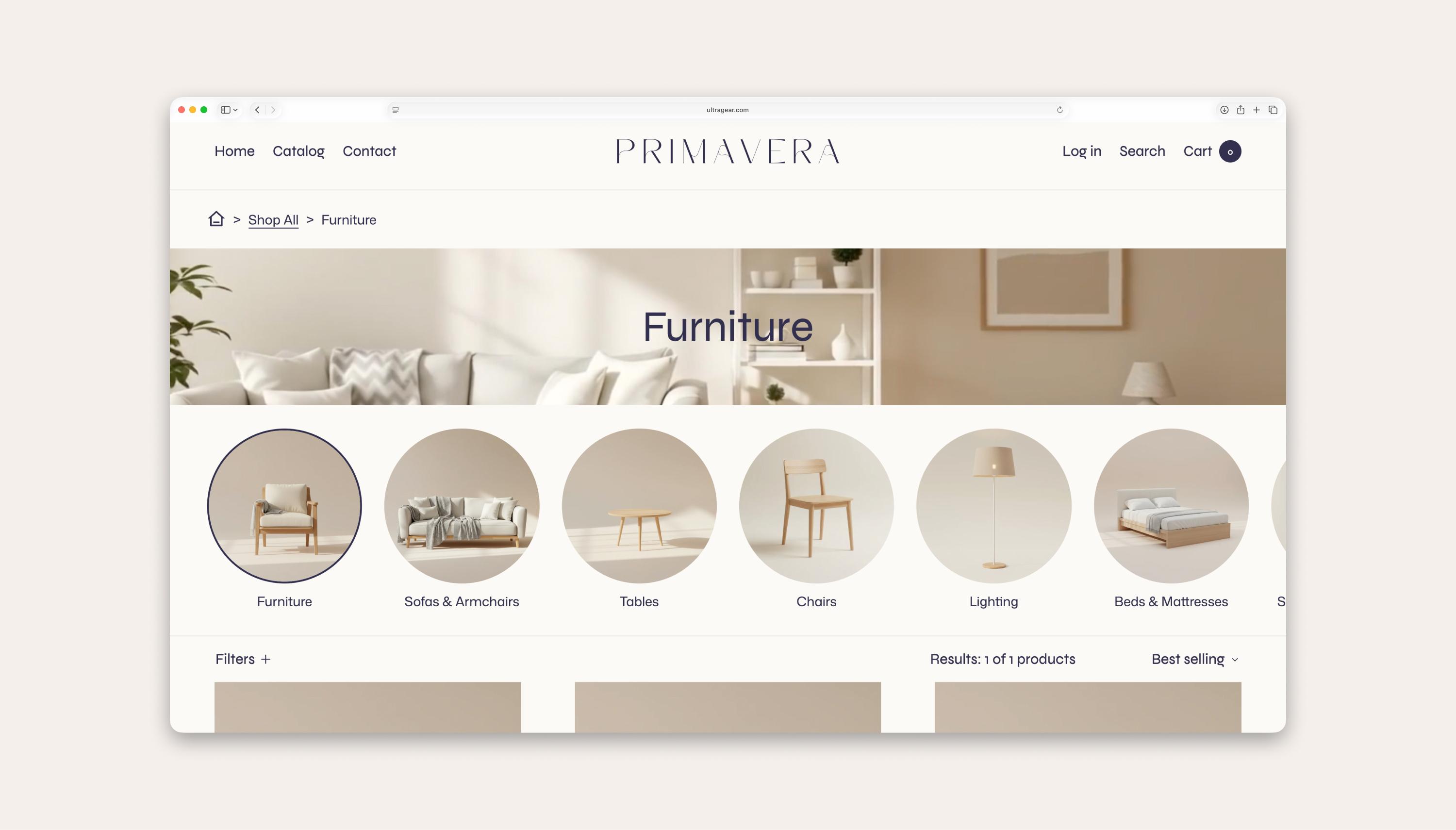 Subcollections on a luxury furniture store in the circle style using the Ultra Categories & Breadcrumbs app.