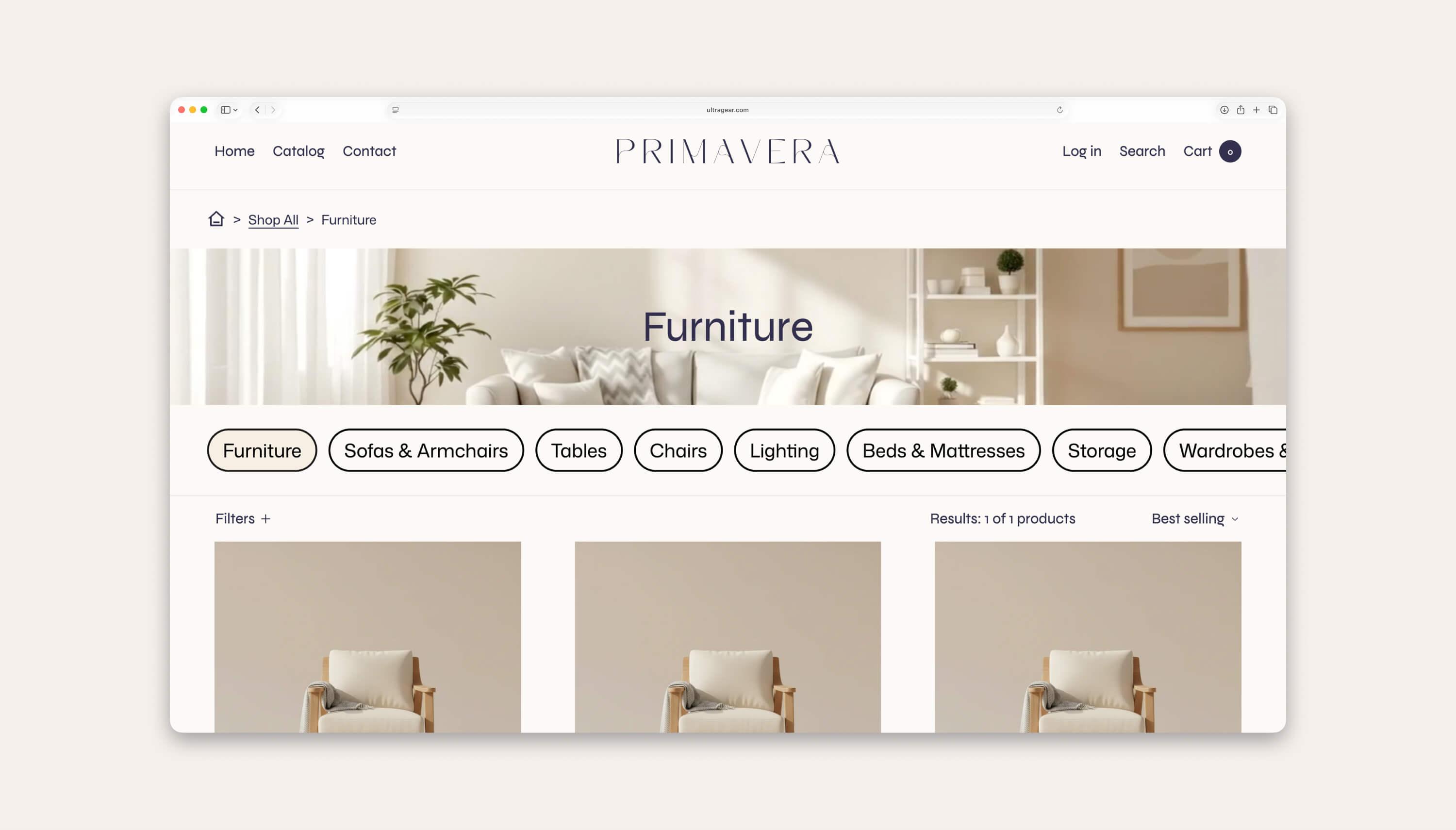 Subcollections in the button style on a luxury furniture store using the Ultra Categories & Breadcrumbs app.