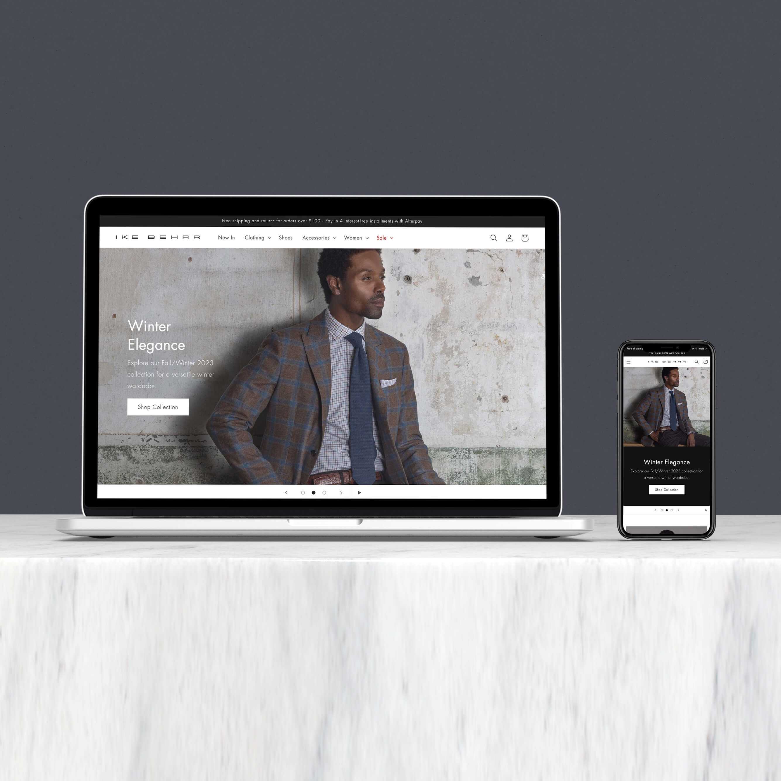 Mock-ups of Ike Behar project on MacBook and iPhone