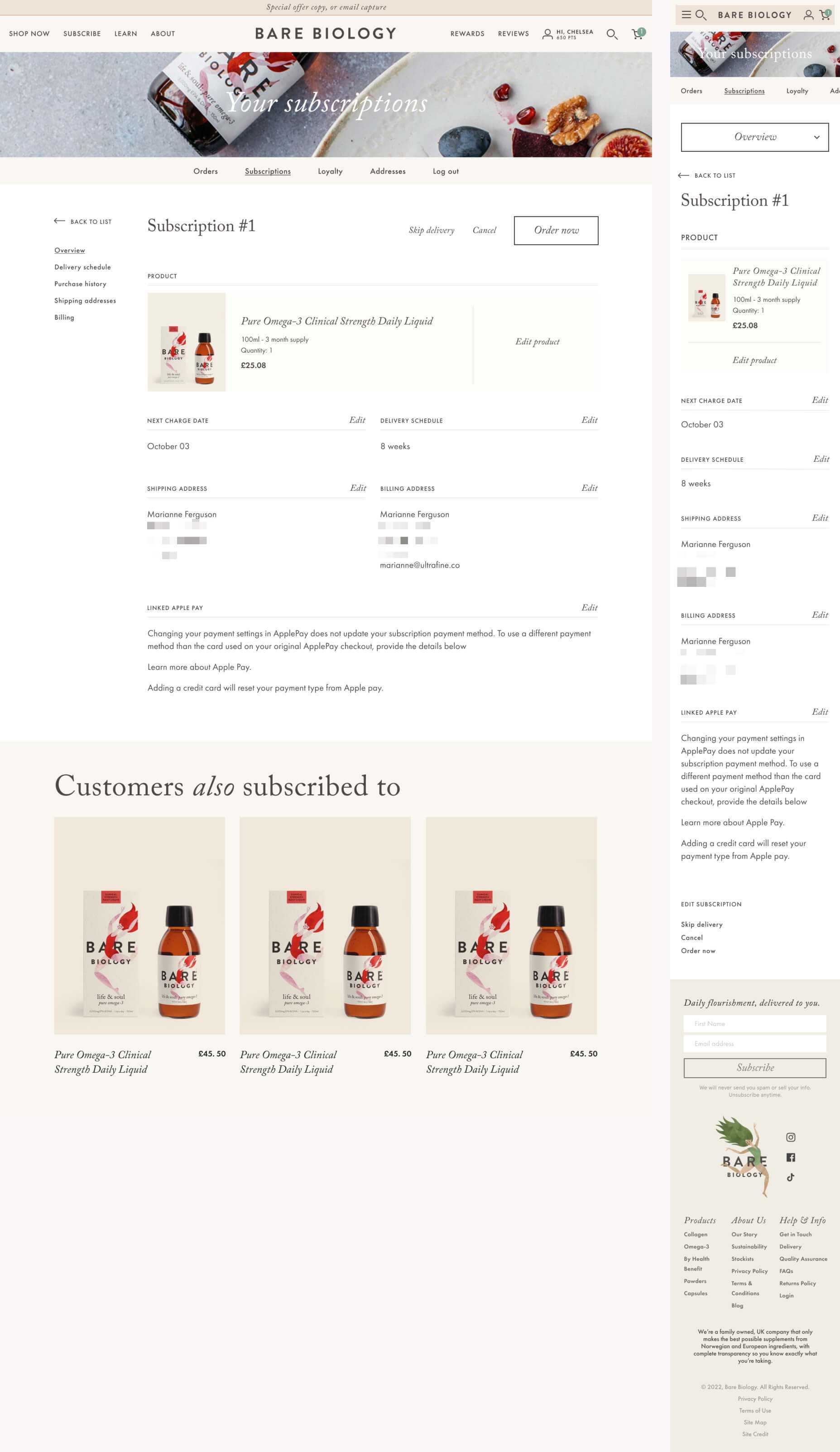 Screenshot of Subscription Order View design for Bare Biology