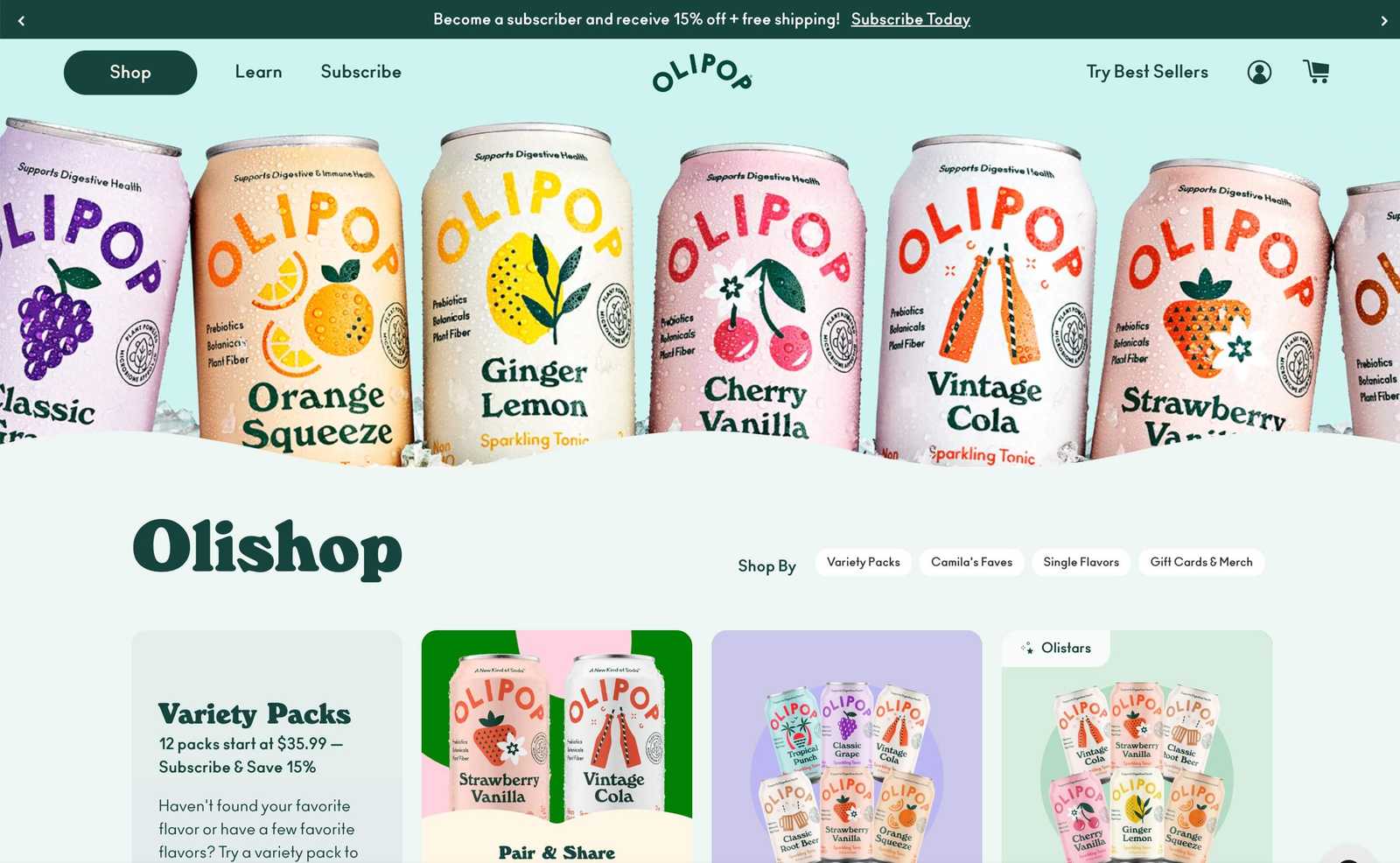 Screenshot of Olipop's website where the pastel green background matches the product packaging