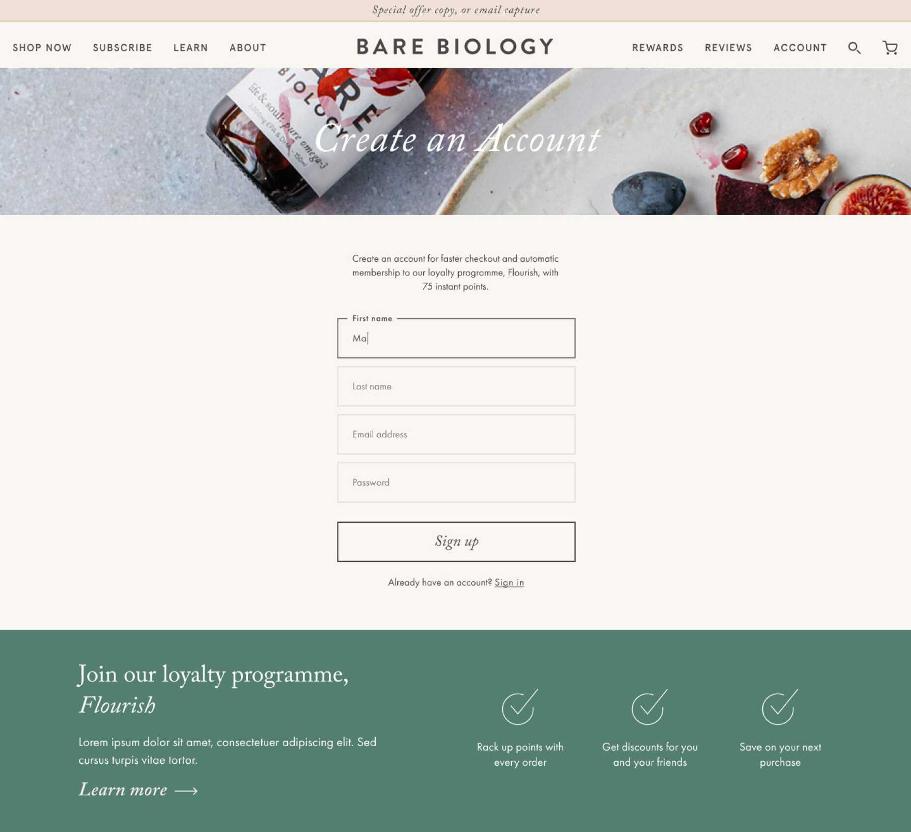Screenshot of Create an Account design for Bare Biology